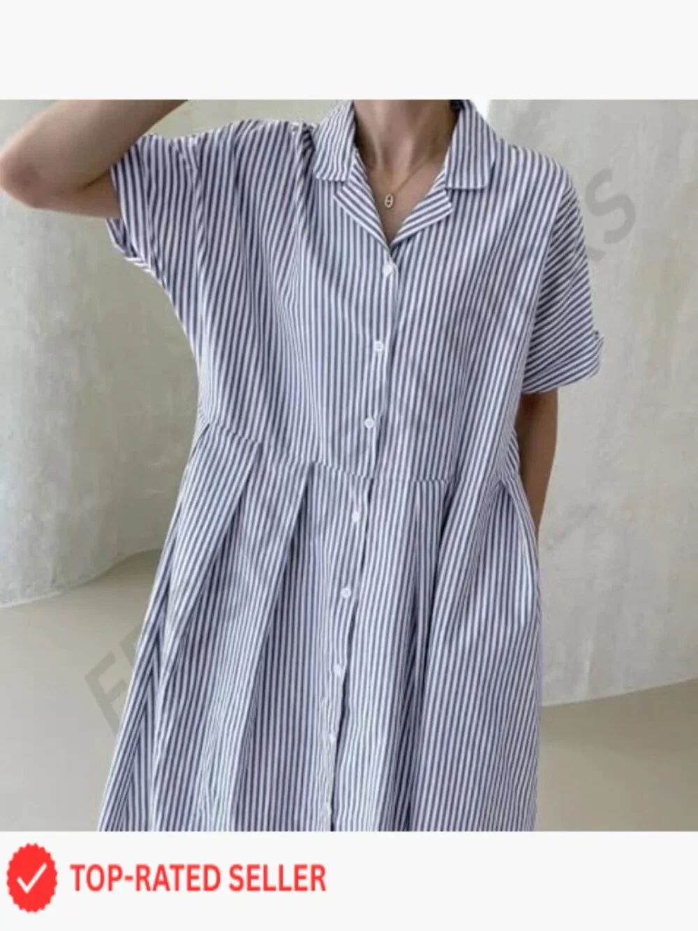 Cotton Striped Midi Shift Dress Button Up Short Sleeve With Pockets - Picture 2 of 5